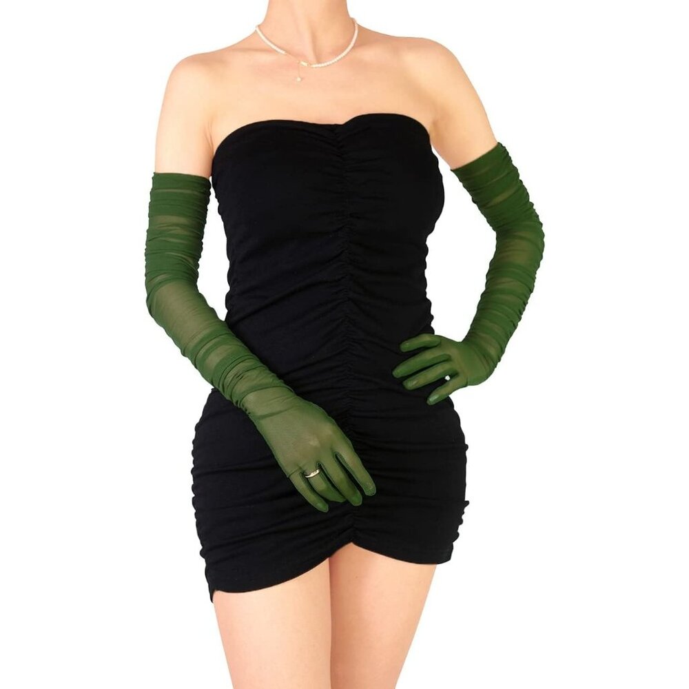 Women's Dark Green Sexy Tulle Sheer Mesh Long Gloves Opera Party Prom Costume - Picture 3 of 6